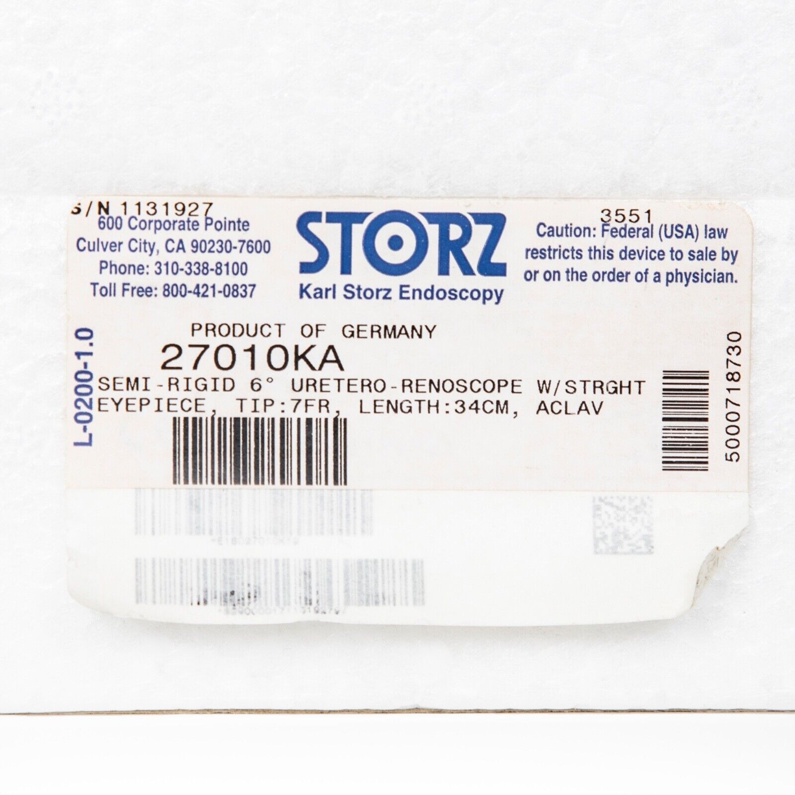 Karl Storz Semi Rigid Ureteroscope Eyepiece, Straight, Rigid6 Degree 27010 K