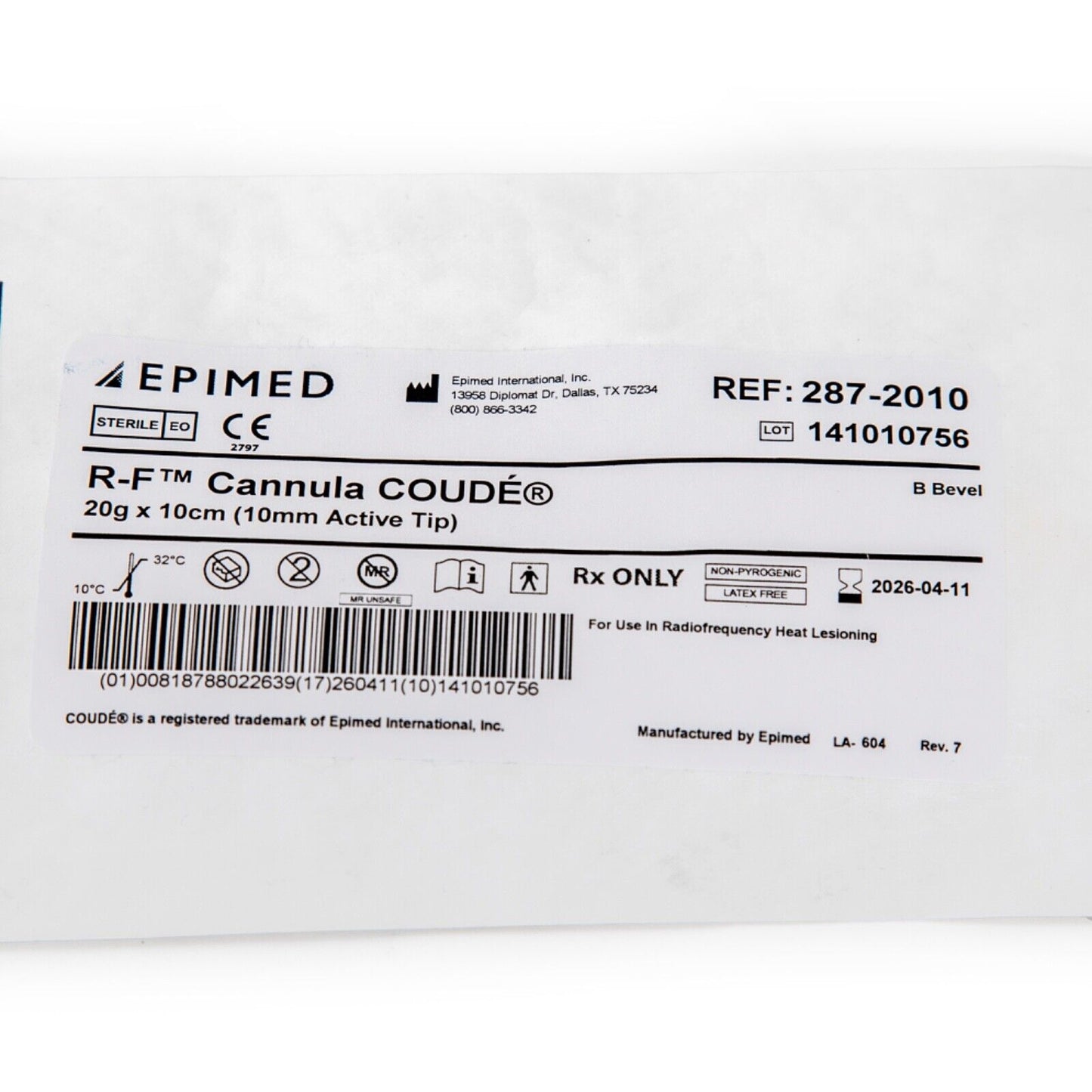 EPIMED R-F Cannula COUDÉ 20G x 10CM (10mm Active Tip) 287-2010