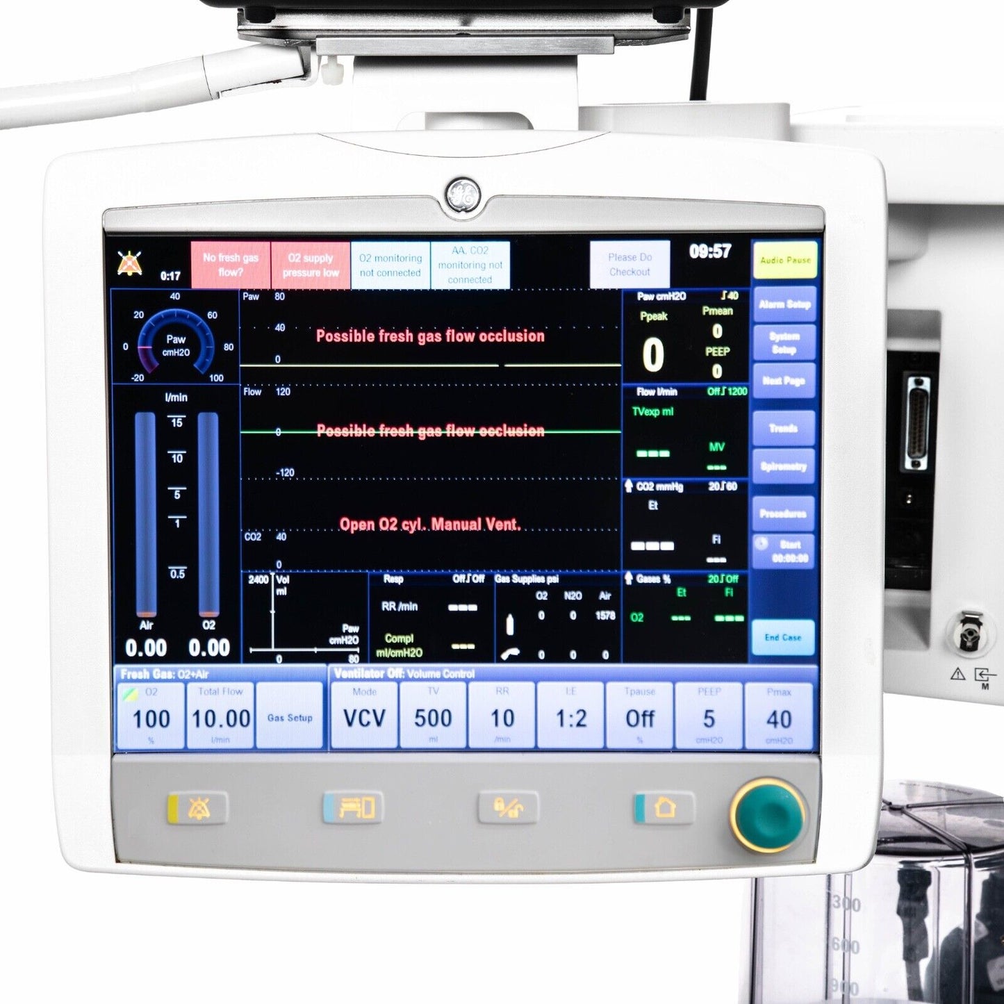 GE Avance Cs2 Anesthesia Machine w Mindray BeneVision N15 N1 AG+02 SpO2 ECG