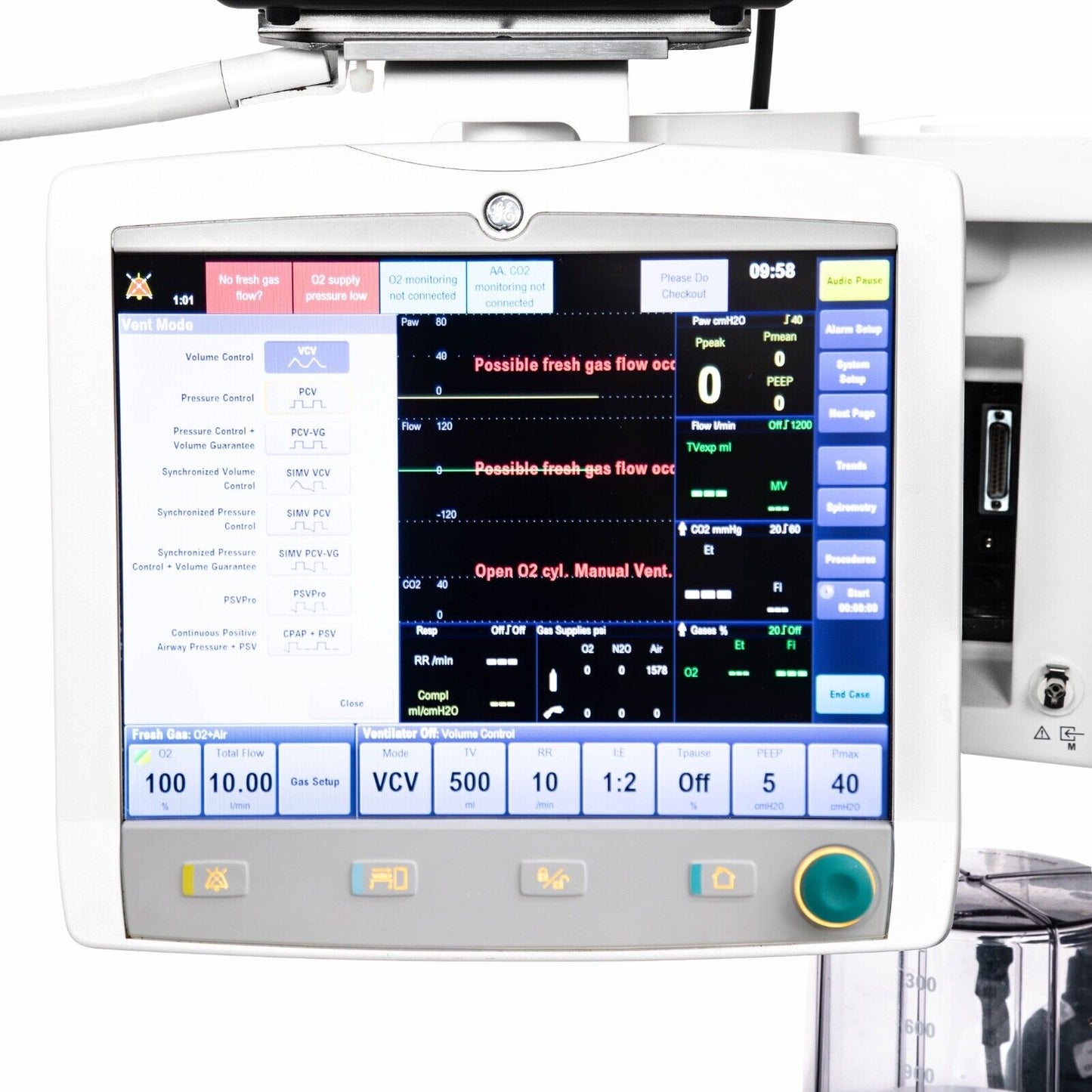 GE Avance Cs2 Anesthesia Machine w Mindray BeneVision N15 N1 AG+02 SpO2 ECG