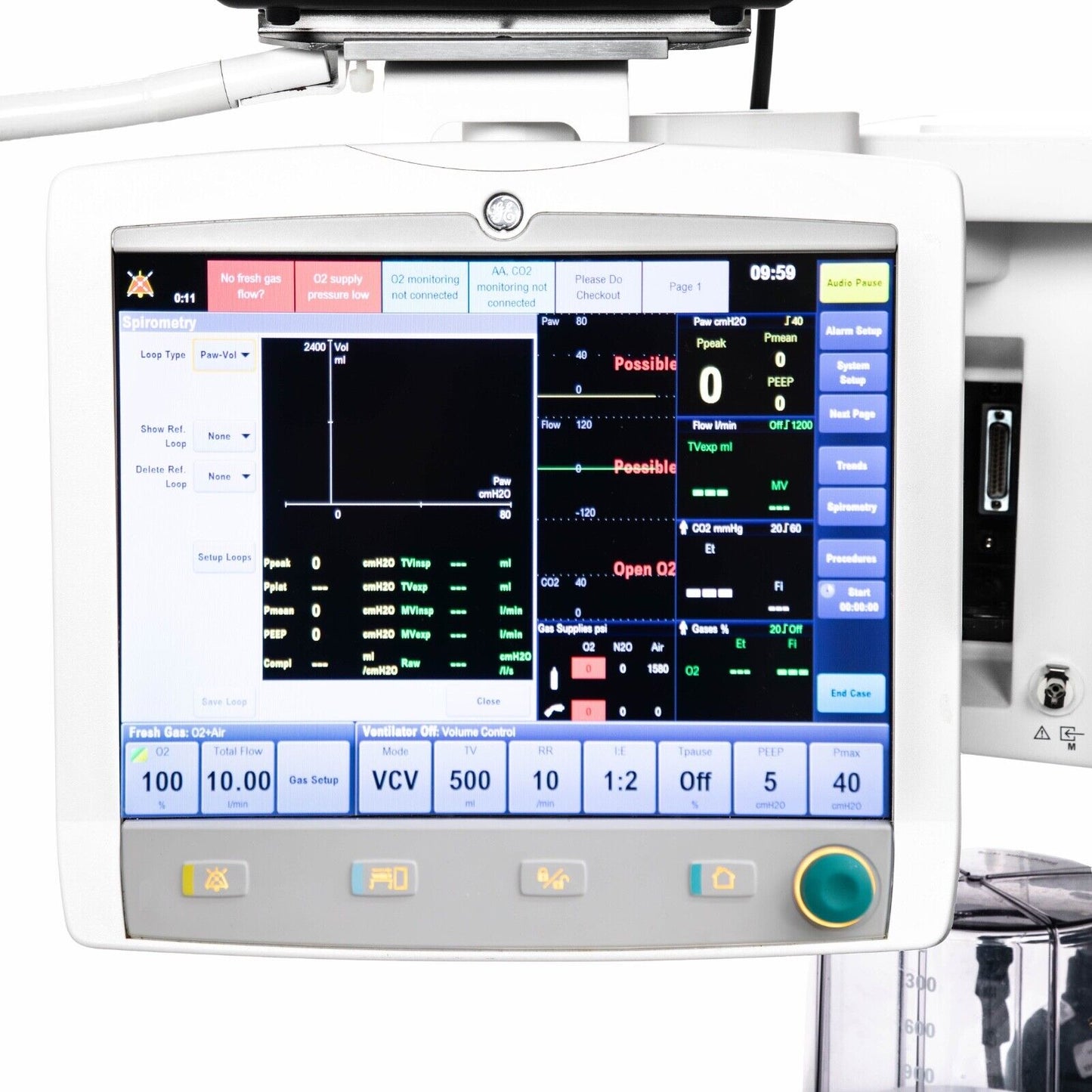 GE Avance Cs2 Anesthesia Machine w Mindray BeneVision N15 N1 AG+02 SpO2 ECG