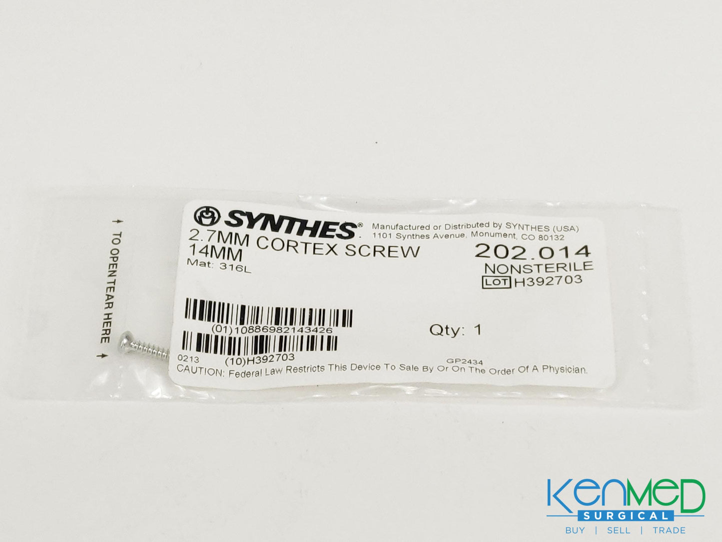 Synthes 202.014 2.7MM Cortex Screw 14MM