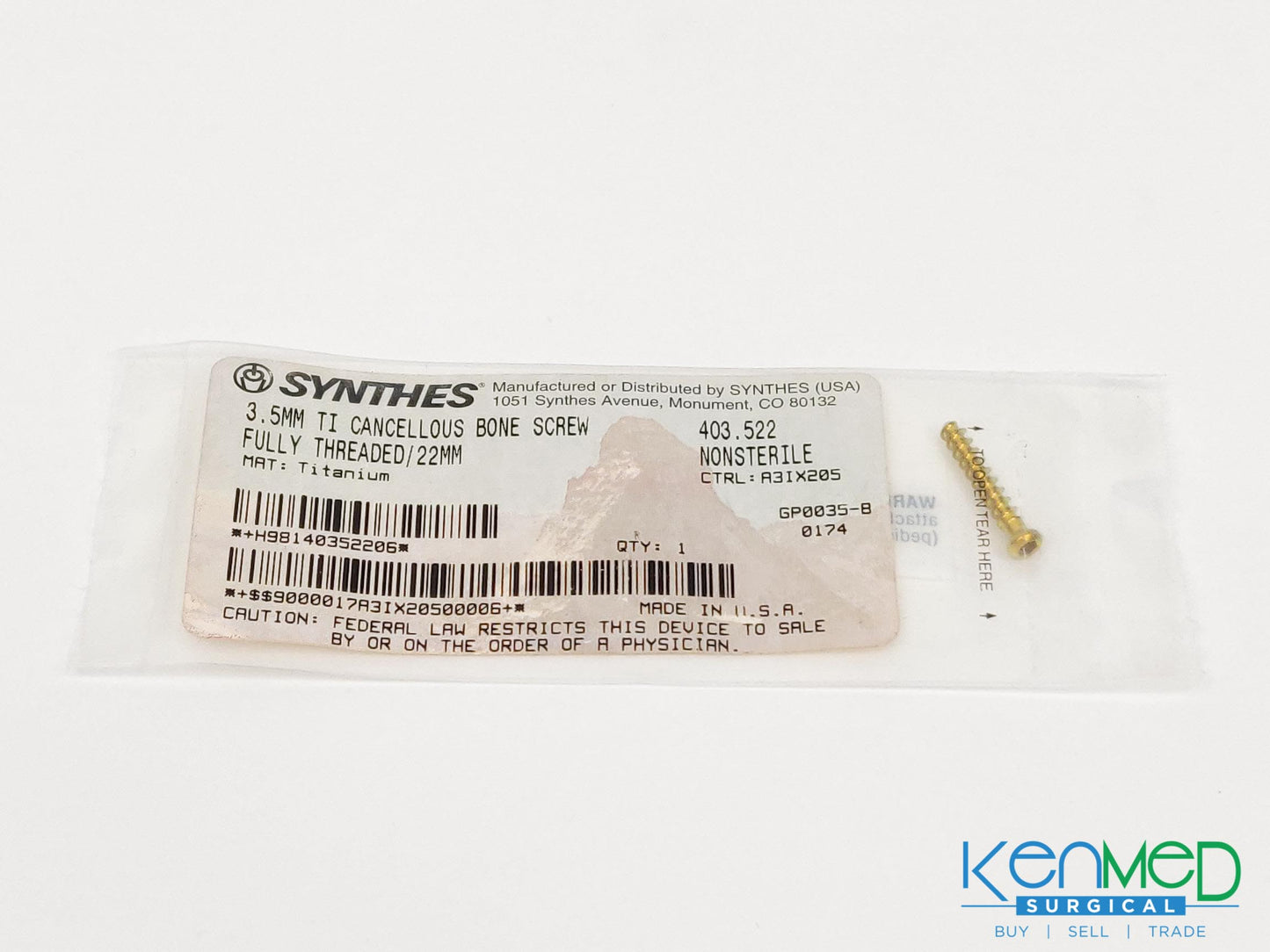 Synthes 403.522 3.5MM TI Cancellous Bone Screw Fully Threaded/22MM