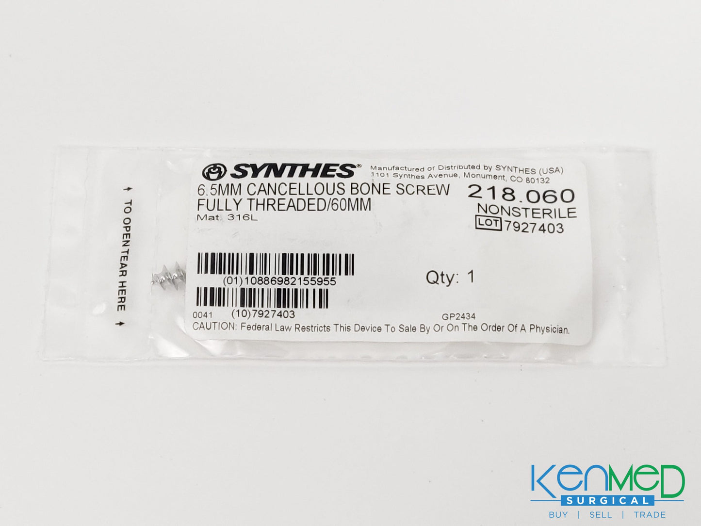 Synthes 218.060 6.5MM Cancellous Bone Screw Fully Threaded/60MM