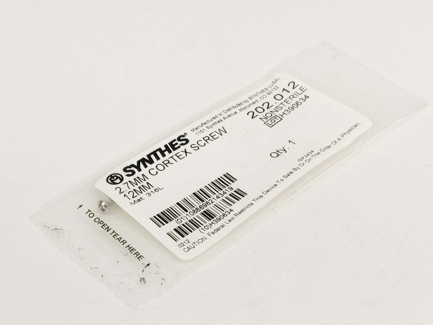 Synthes 202.012 2.7MM Cortex Screw 12MM