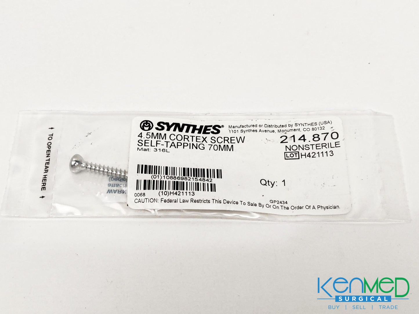 Synthes 214.870 4.5MM Cortex Screw Self-Tapping 70MM