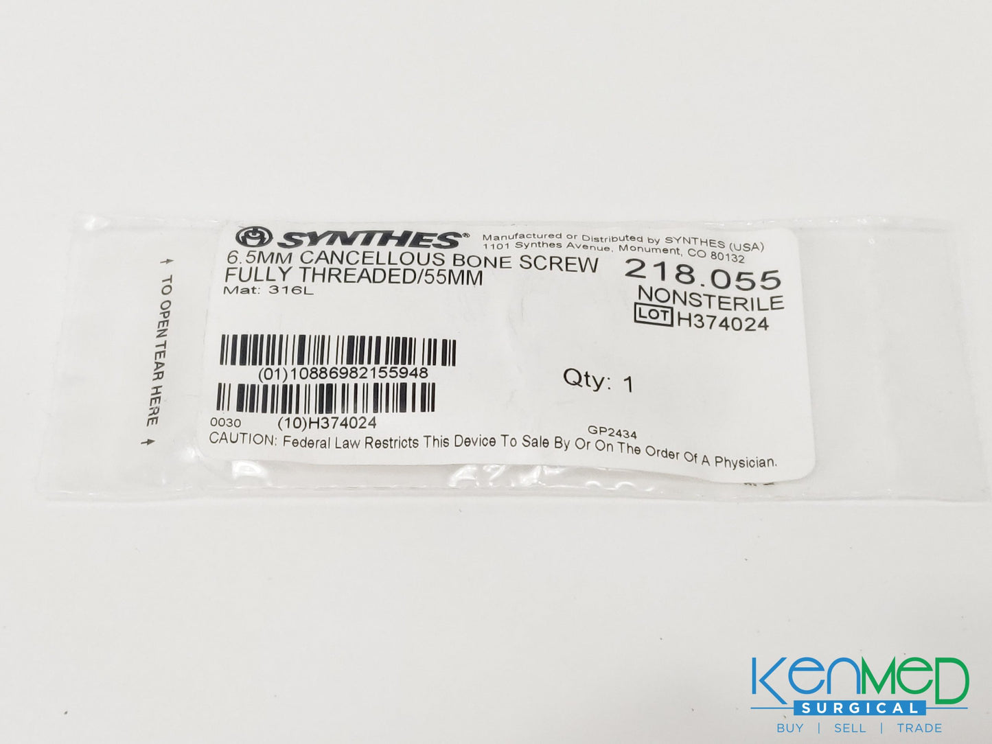 Synthes 218.055 6.5MM Cancellous Bone Screw Fully Threaded/55MM