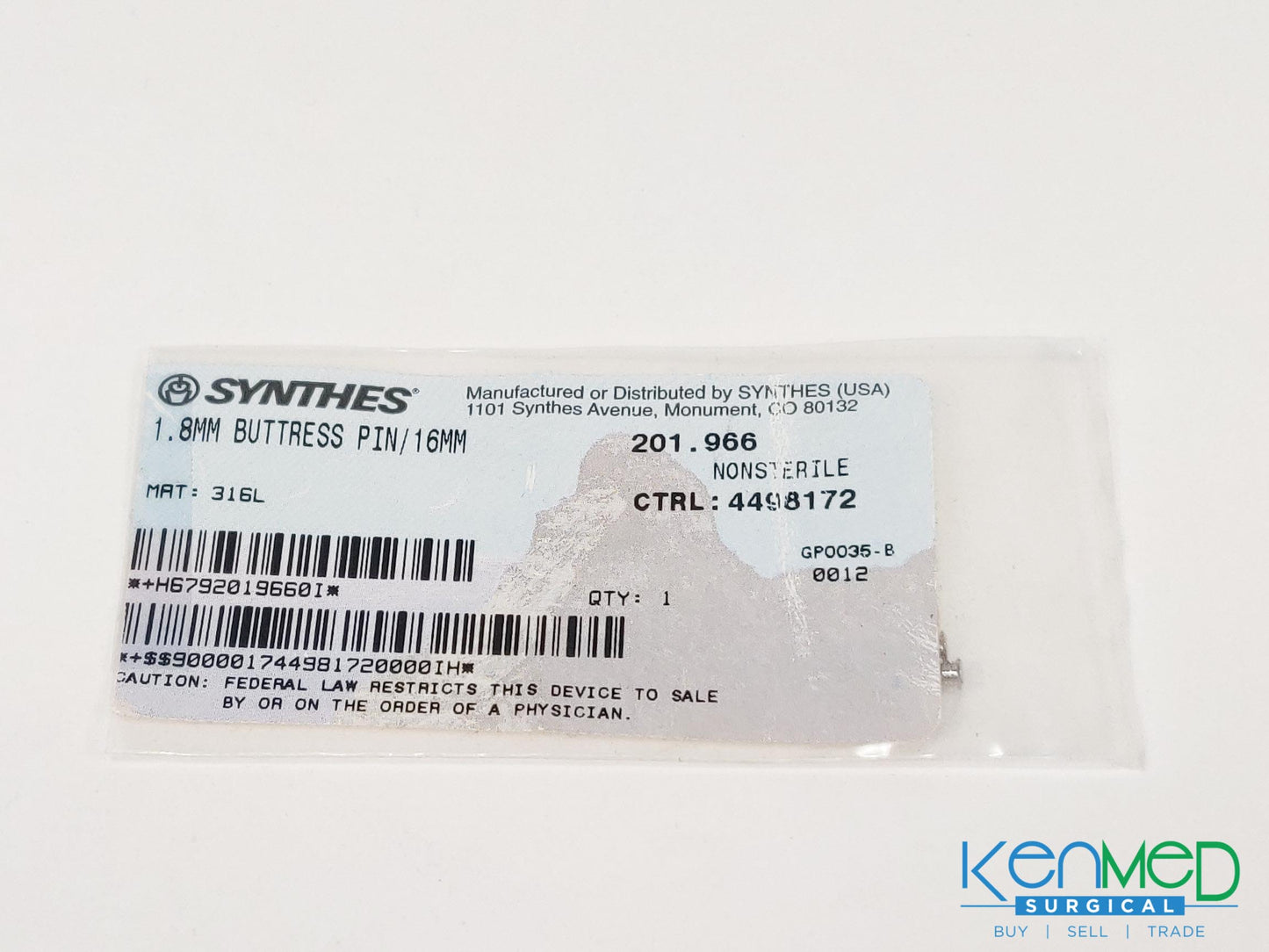 Synthes 201.966 1.8MM Buttress Pin/16MM (2-Pack)