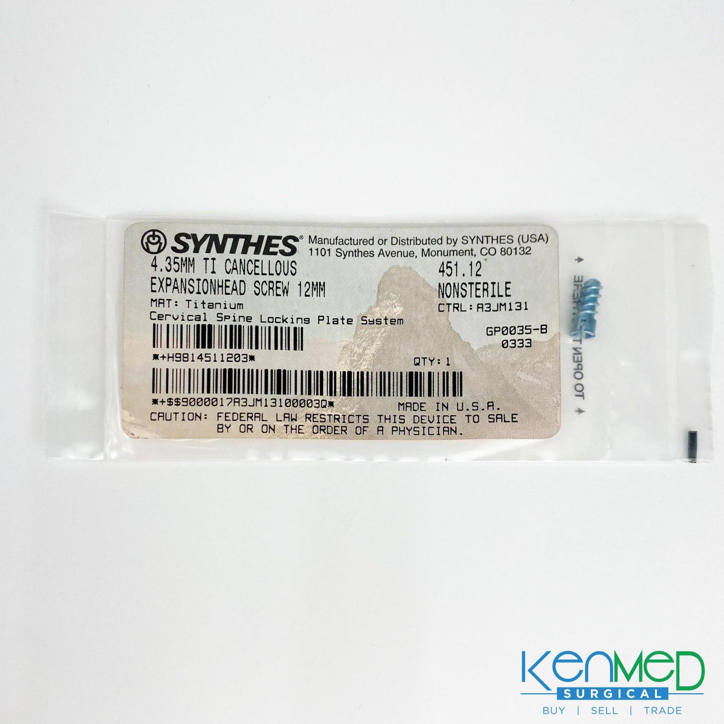 Synthes 451.12 4.35MM TI Cancellous Expansionhead Screw 12MM