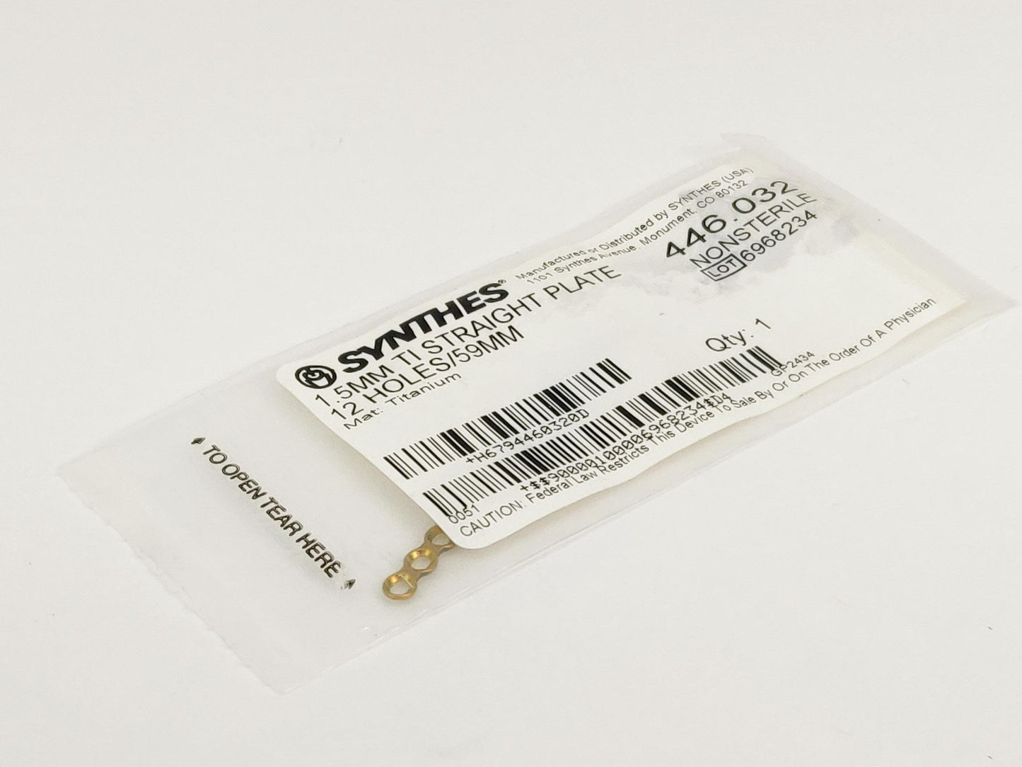 Synthes 446.032 1.5MM TI Straight Plate 12 Holes/59MM