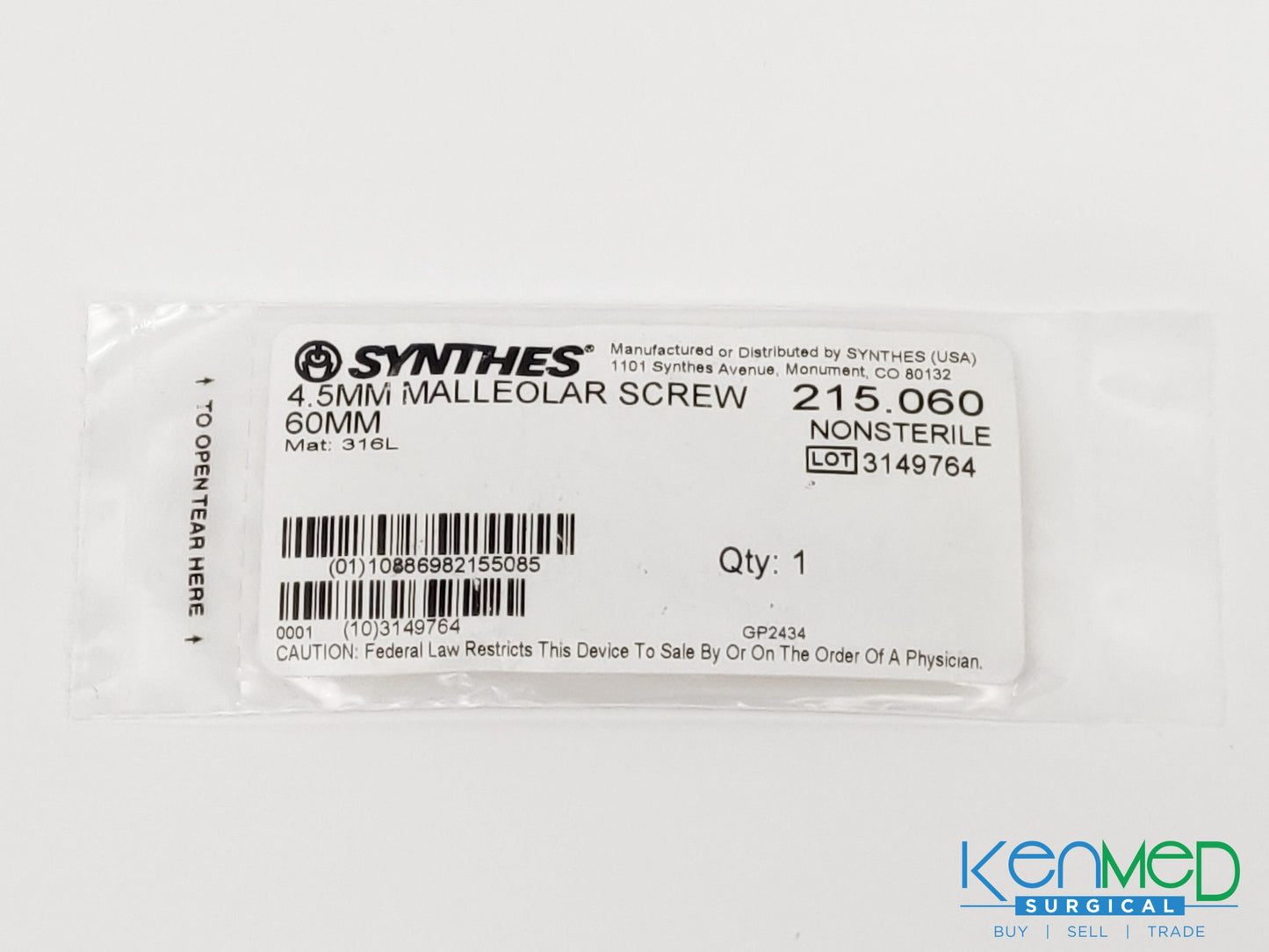 Synthes 215.060 4.5MM Malleolar Screw 60MM