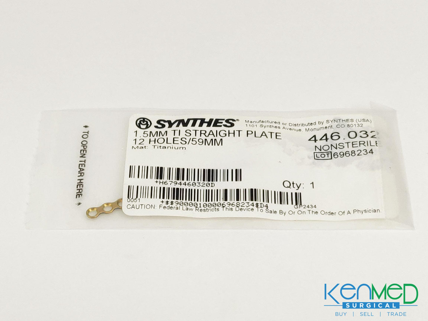 Synthes 446.032 1.5MM TI Straight Plate 12 Holes/59MM