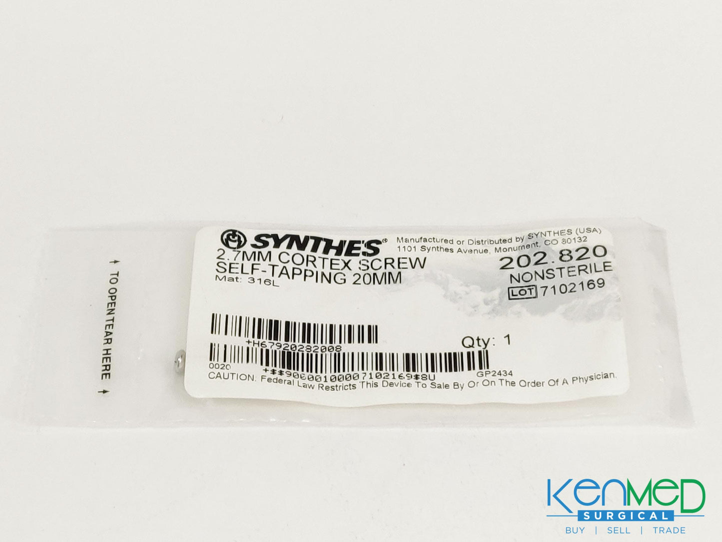 Synthes 202.820 2.7MM Cortex Screw Self-Tapping 20MM