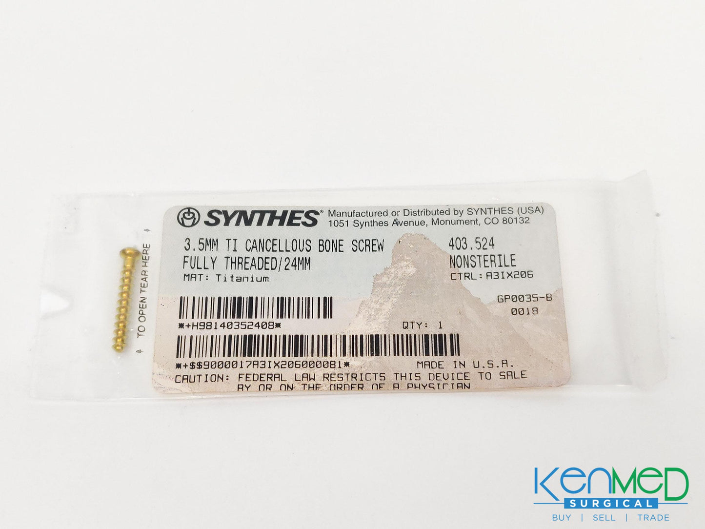 Synthes 403.524 3.5MM TI Cancellous Bone Screw Fully Threaded/24MM