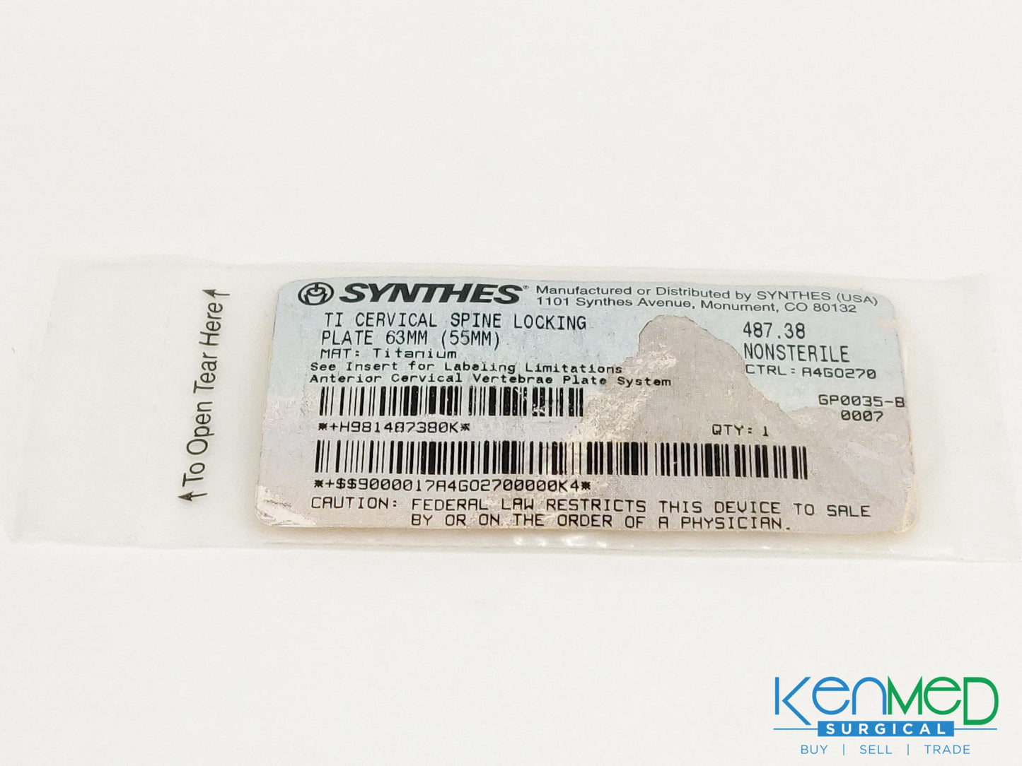 Synthes 487.38 TI Cervical Spine Locking Plate 63MM (55MM)