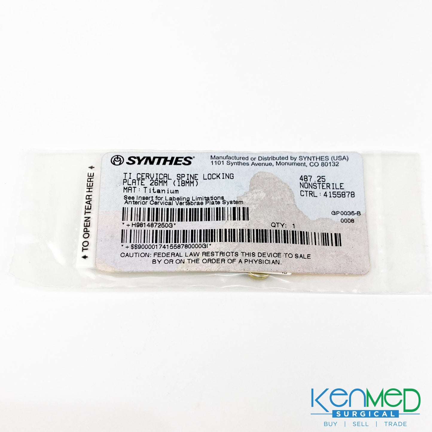 Synthes 487.25 TI Cervical Spine Locking Plate 26MM (18MM)