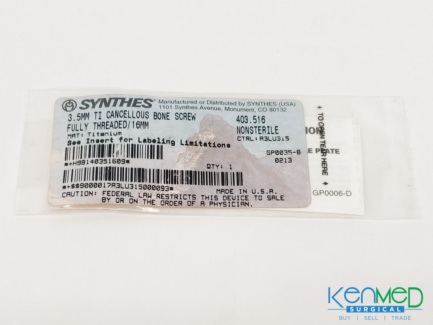 Synthes 403.516 3.5MM TI Cancellous Bone Screw Fully Threaded/16MM