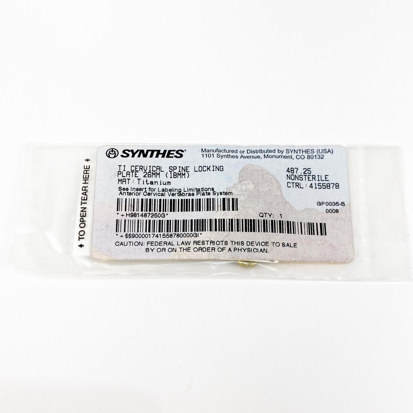 Synthes 487.25 TI Cervical Spine Locking Plate 26MM (18MM)