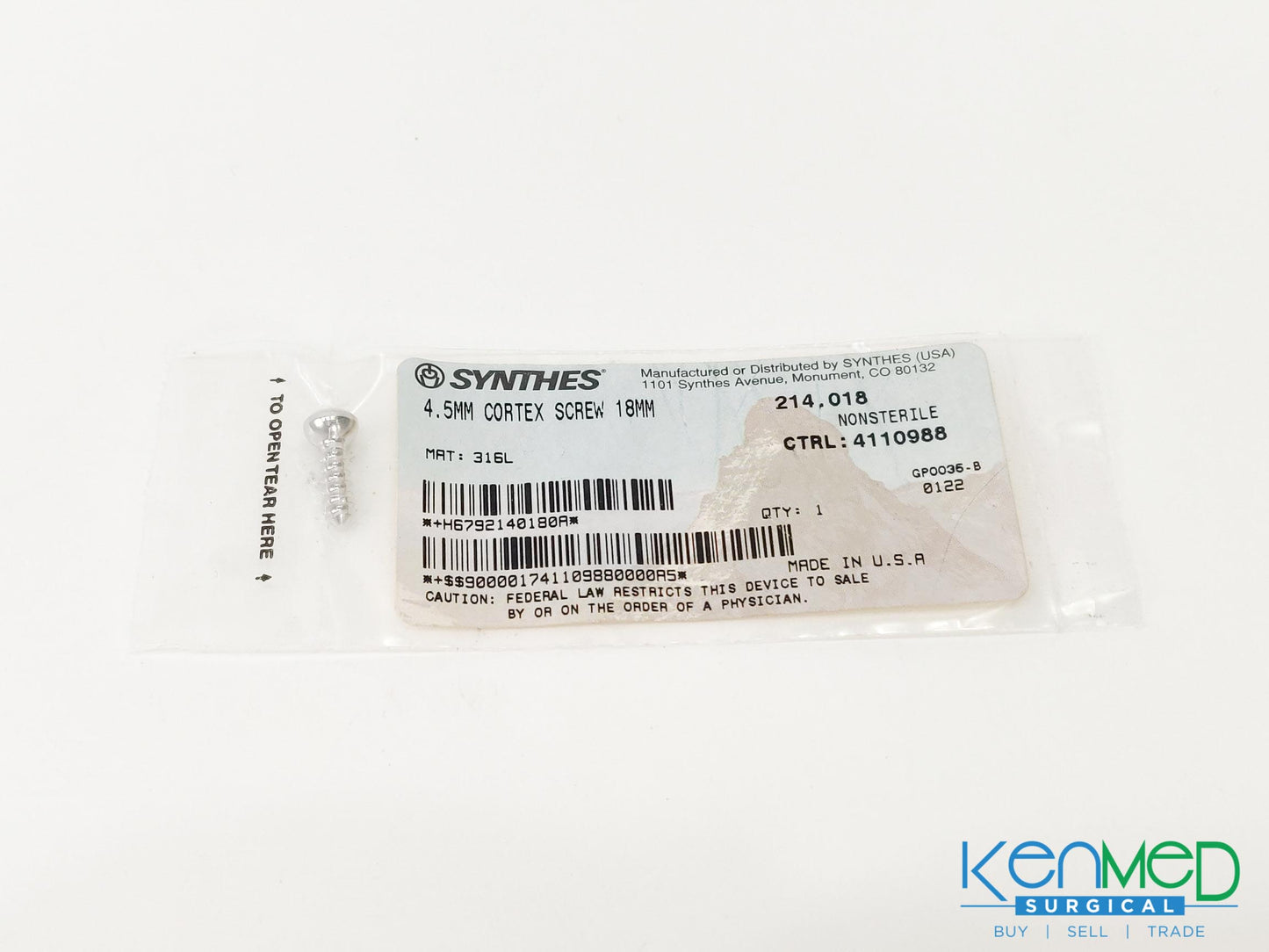 Synthes 214.018 4.5MM Cortex Screw 18MM