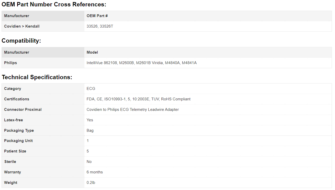 Reusable Covidien to Philips ECG Telemetry Leadwire Adapter - 33526 - 5 Covidien to Philips ECG Telemetry Leadwire Adapter