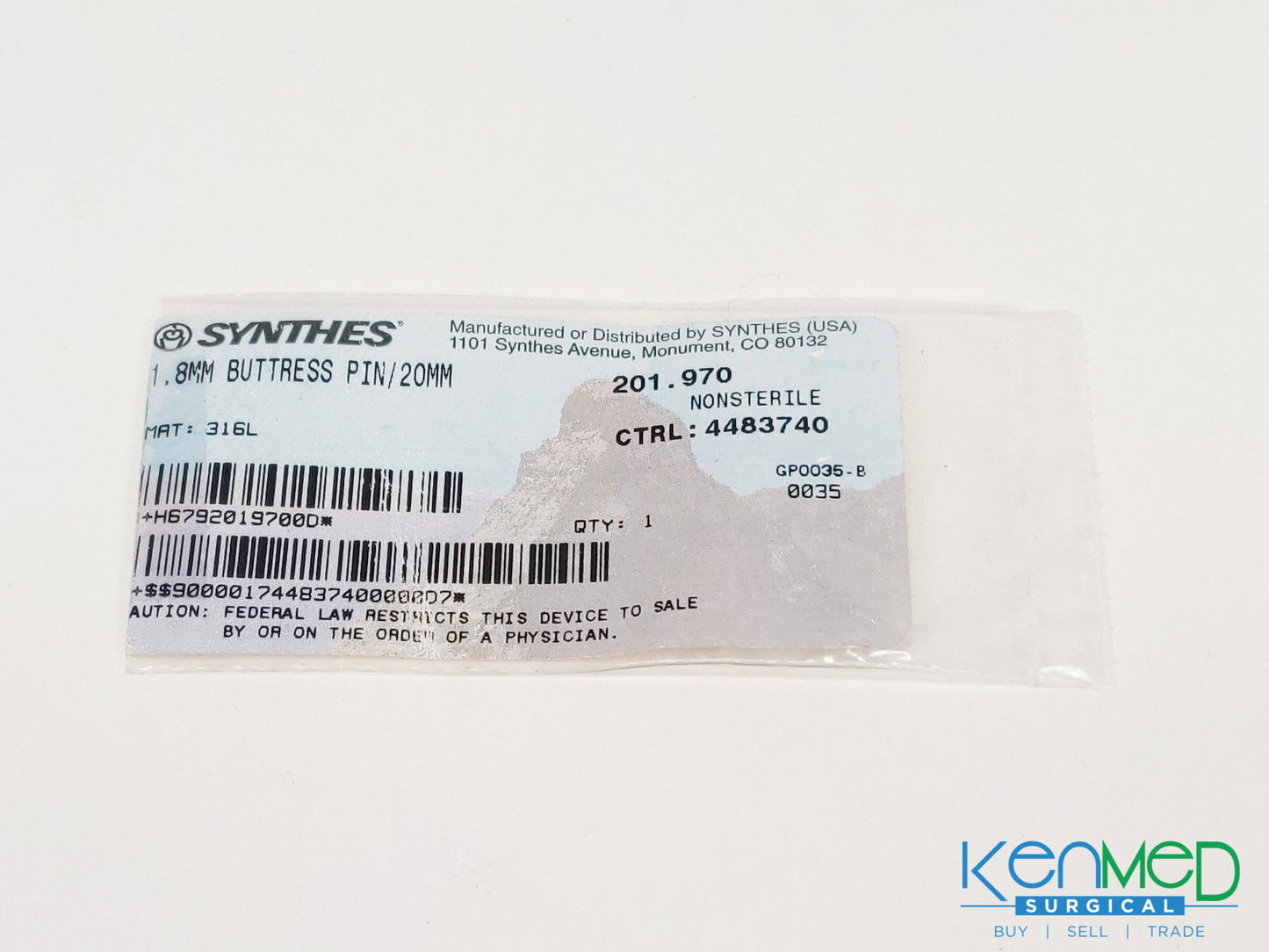 Synthes 201.970 1.8MM Buttress Pin/20MM