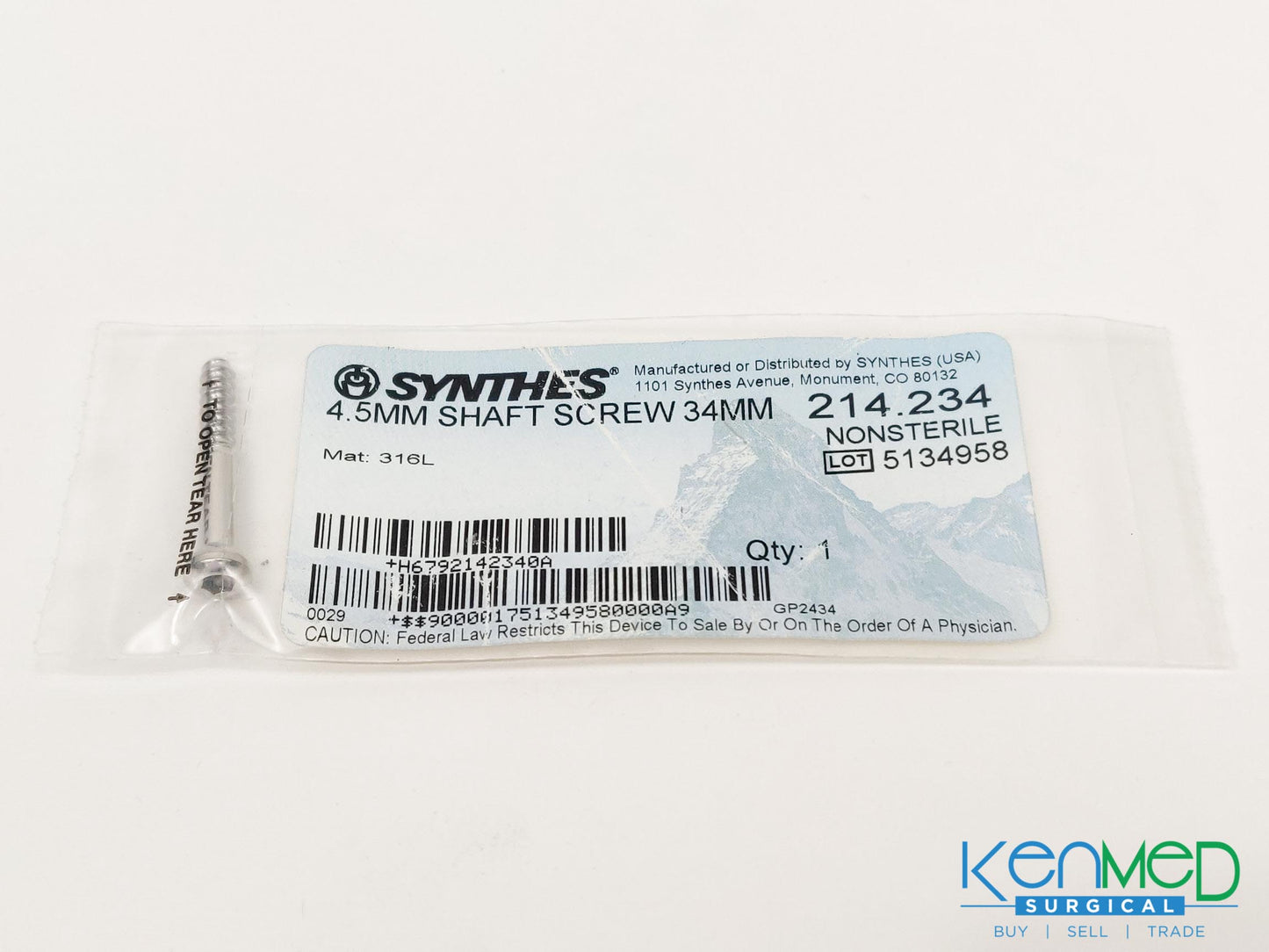 Synthes 214.234 4.5MM Shaft Screw 34MM