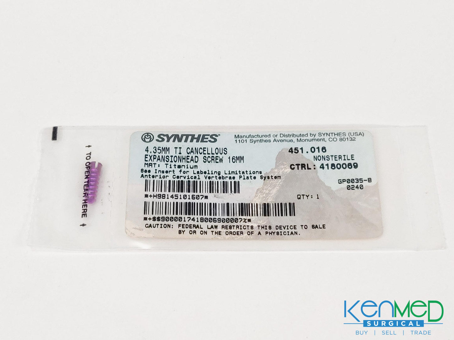 Synthes 451.016 4.35MM TI Cancellous Expansionhead Screw 16MM