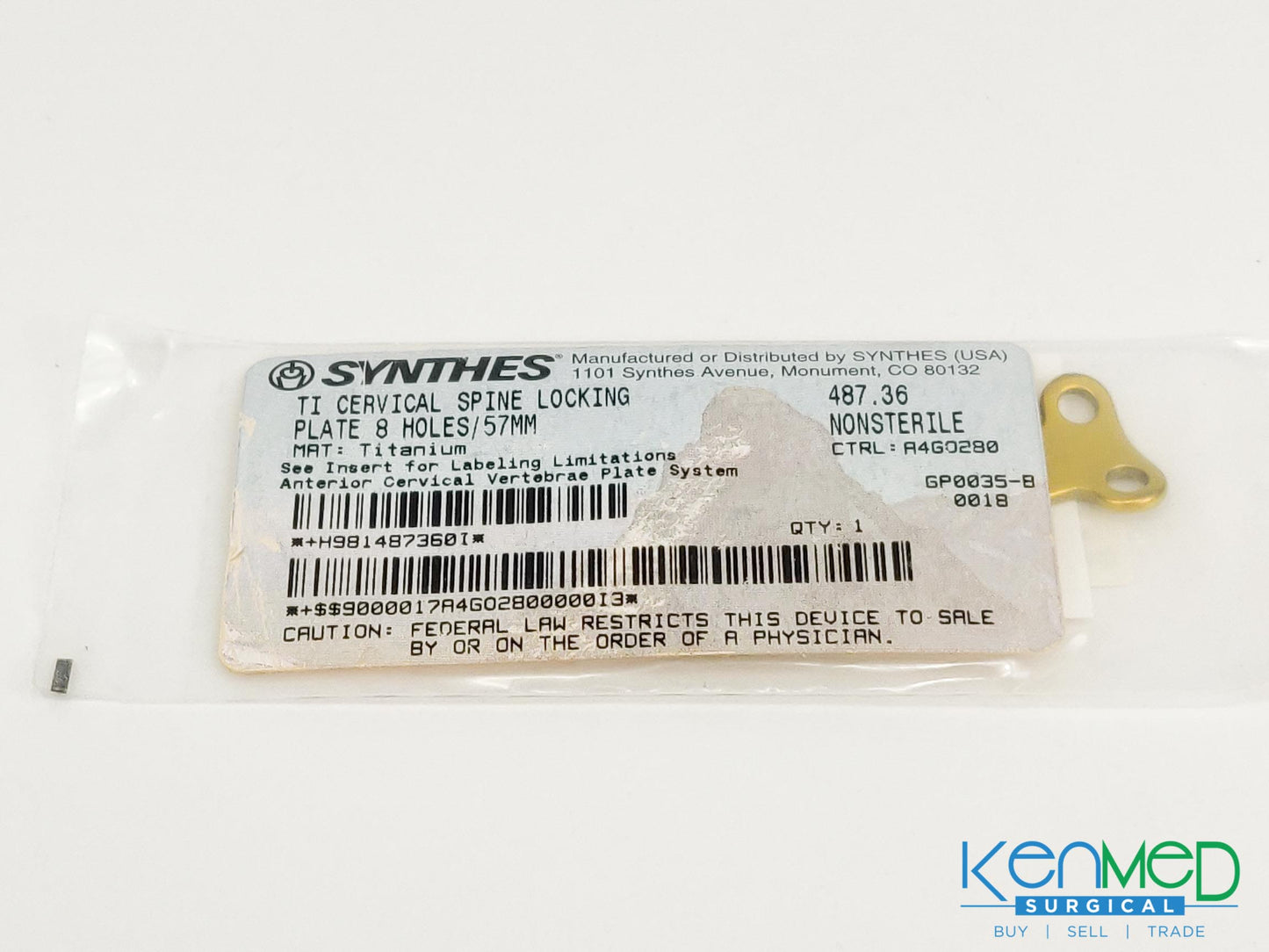 Synthes 487.36 TI Cervical Spine Locking Plate 8 Holes/57MM