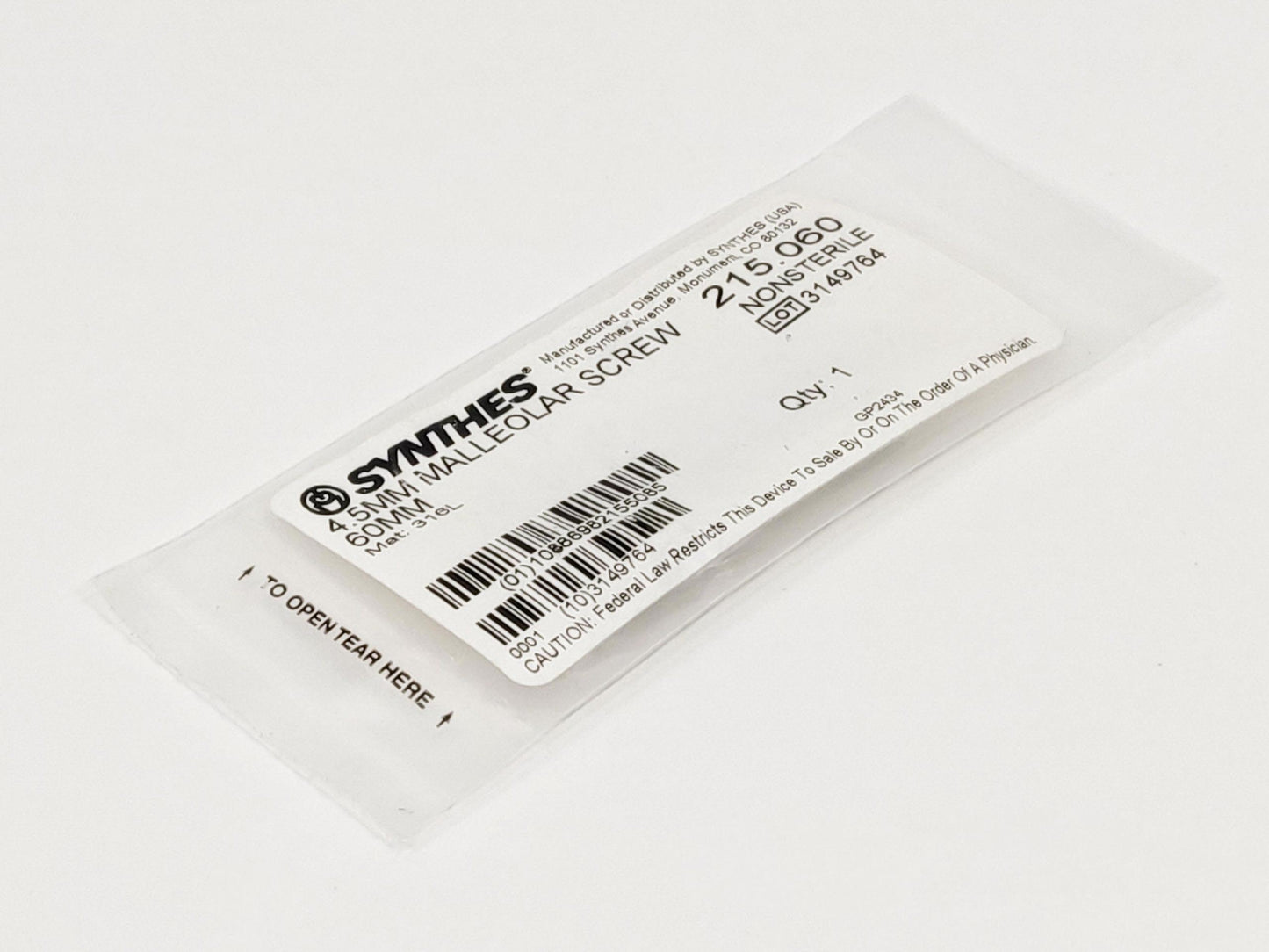 Synthes 215.060 4.5MM Malleolar Screw 60MM