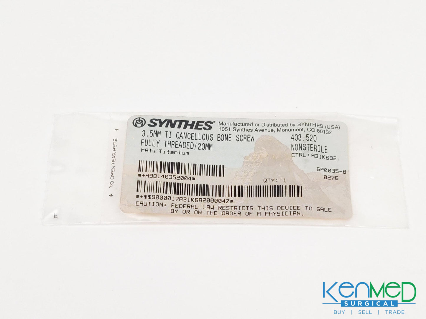 Synthes 403.520 3.5MM TI Cancellous Bone Screw Fully Threaded/20MM