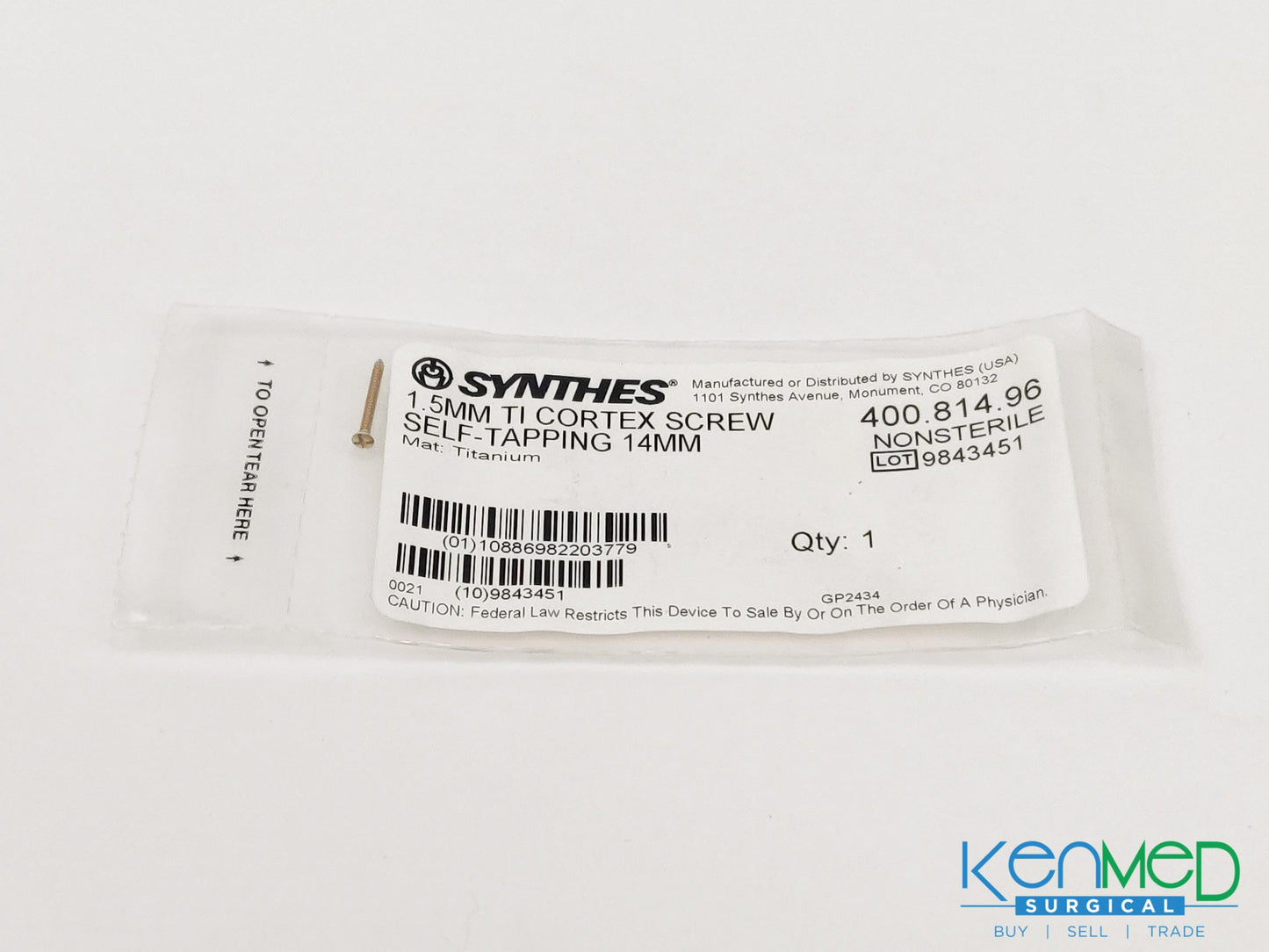 Synthes 400.814.96 1.5MM TI Cortex Screw Self-Tapping 14MM