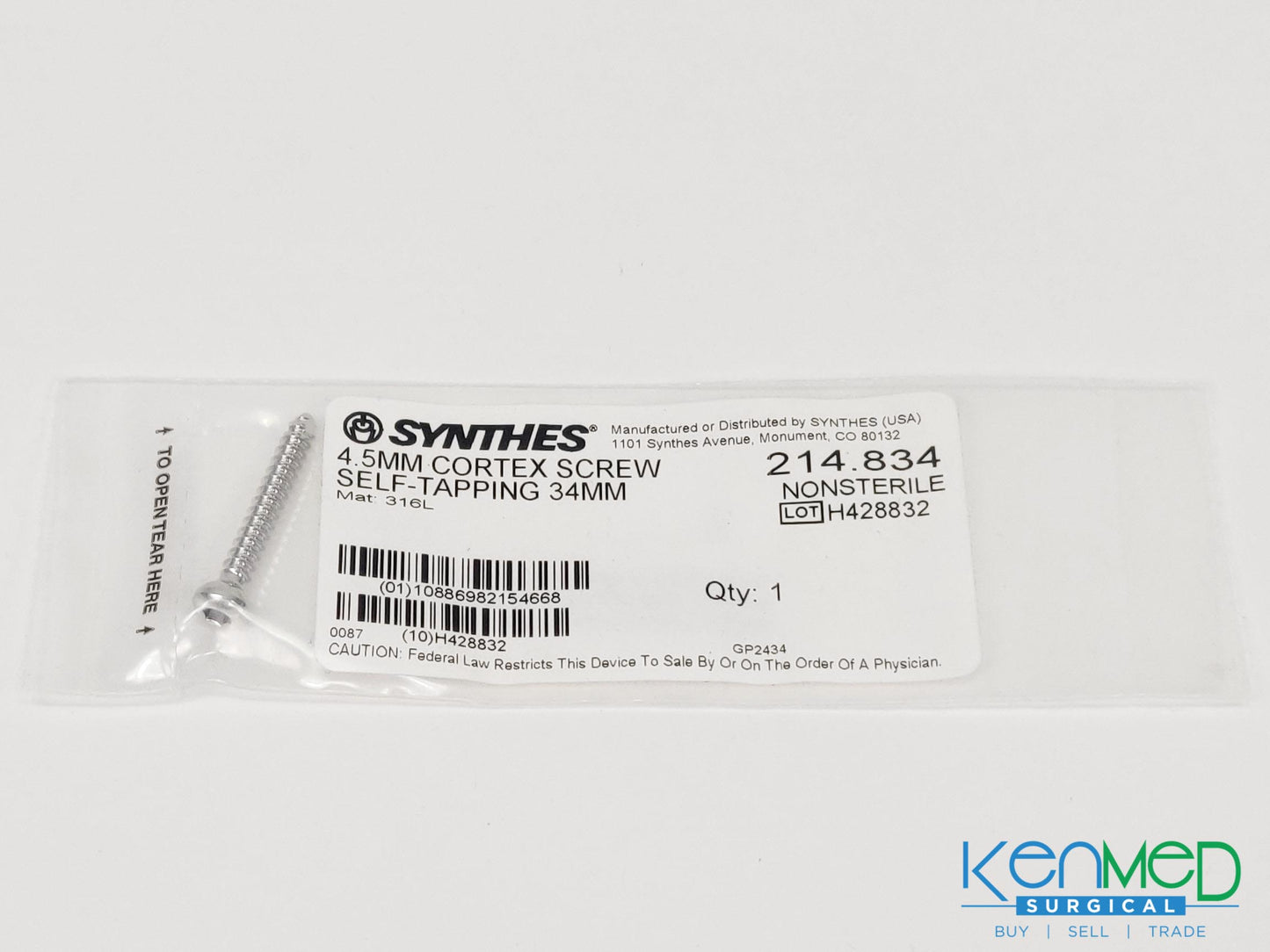 Synthes 214.834 4.5MM Cortex Screw Self-Tapping 34MM