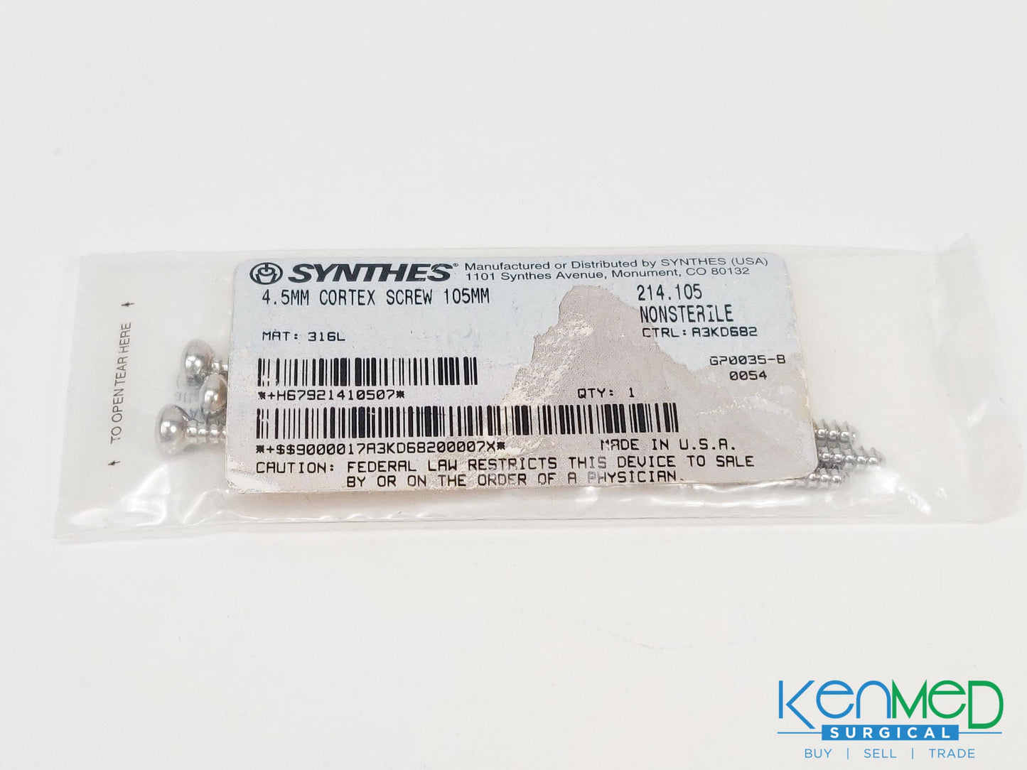 Synthes 214.105 4.5MM Cortex Screw 105MM (3-Pack)