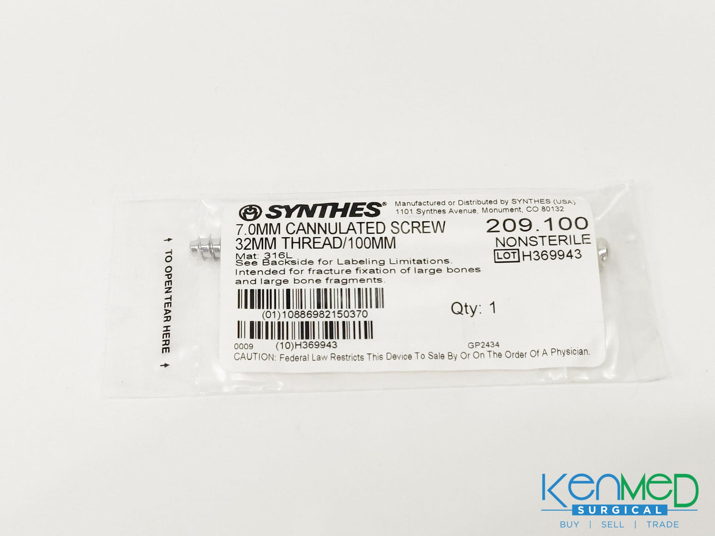 Synthes 209.100 7.0MM Cannulated Screw 32MM Thread/100MM