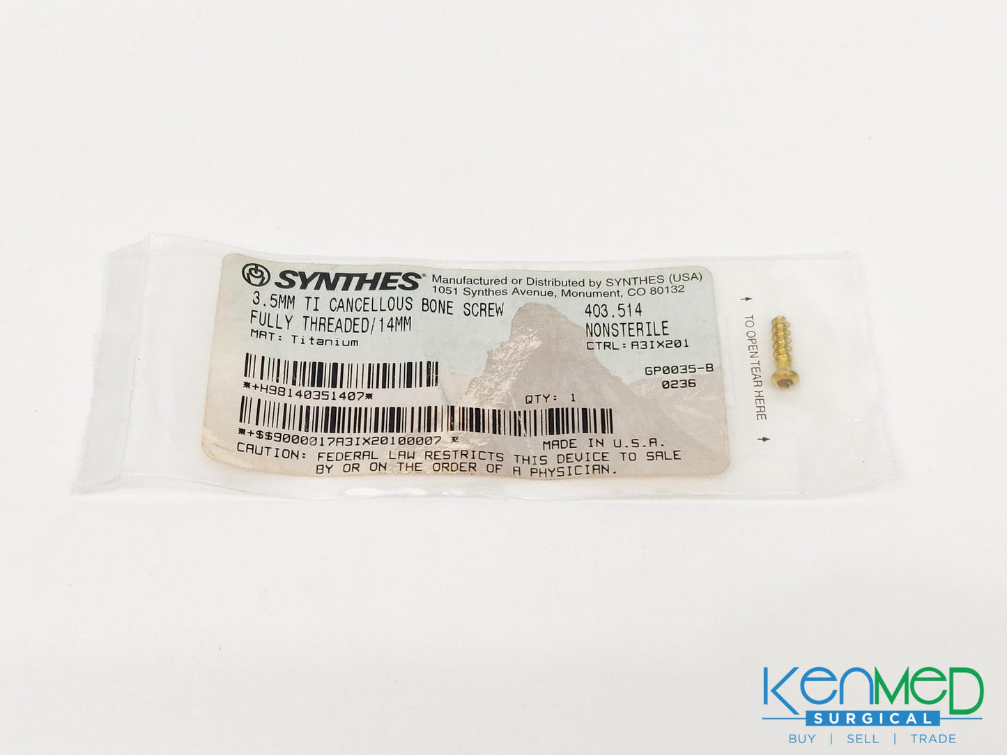 Synthes 403.514 3.5MM TI Cancellous Bone Screw Fully Threaded/14MM