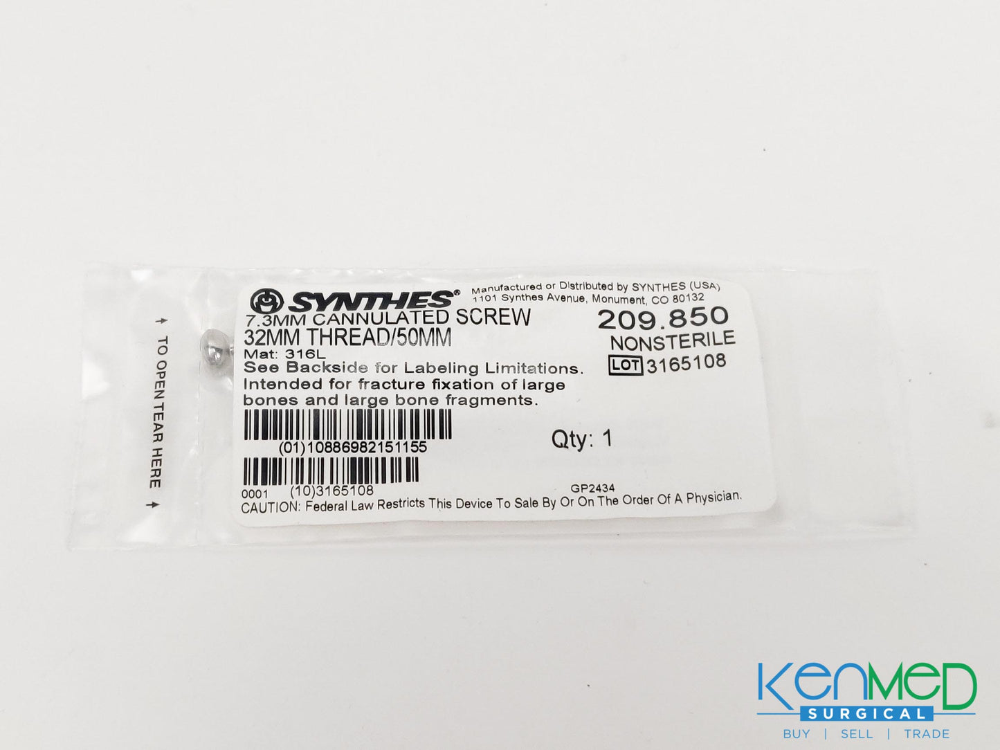 Synthes 209.850 7.3MM Cannulated Screw 32MM Thread/50MM