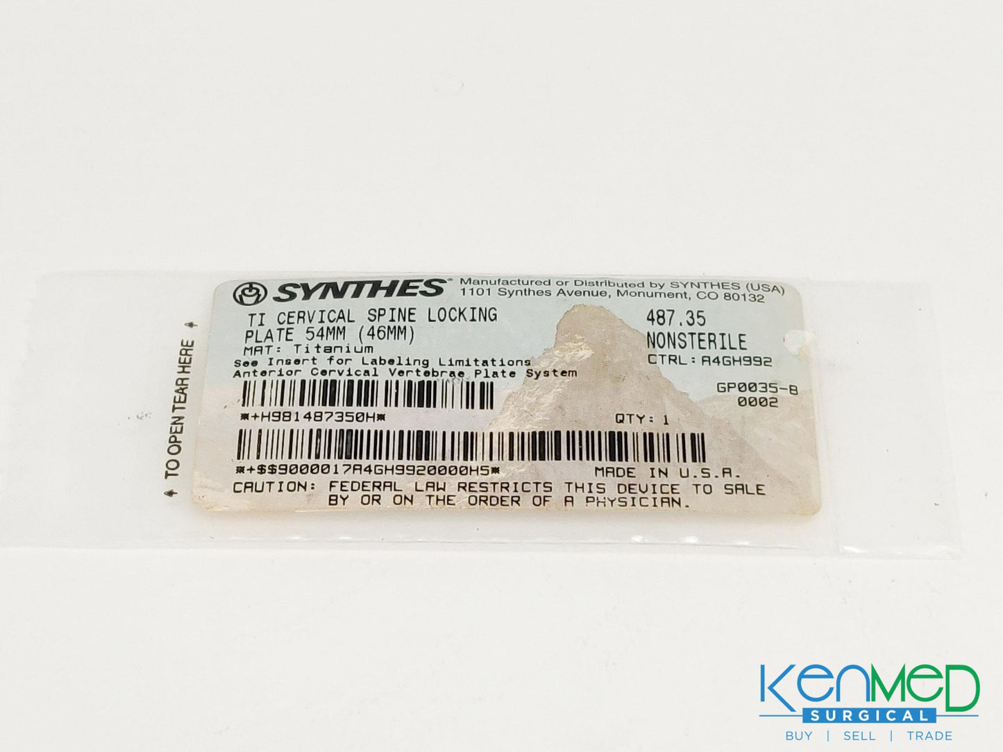 Synthes 487.35 TI Cervical Spine Locking Plate 54MM (46MM)