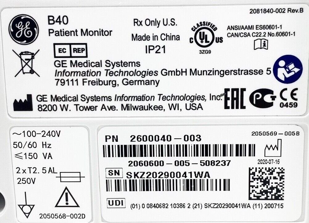 GE B40 Patient Monitor 2600040-003; ECG cable; GE CARESCAPE E-sCAiO Respiratory